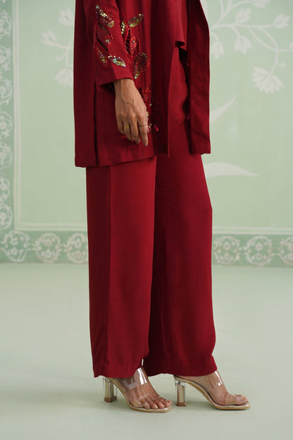 Sangria Satin Crepe Embroidered Matching Set - Neetika Chopra