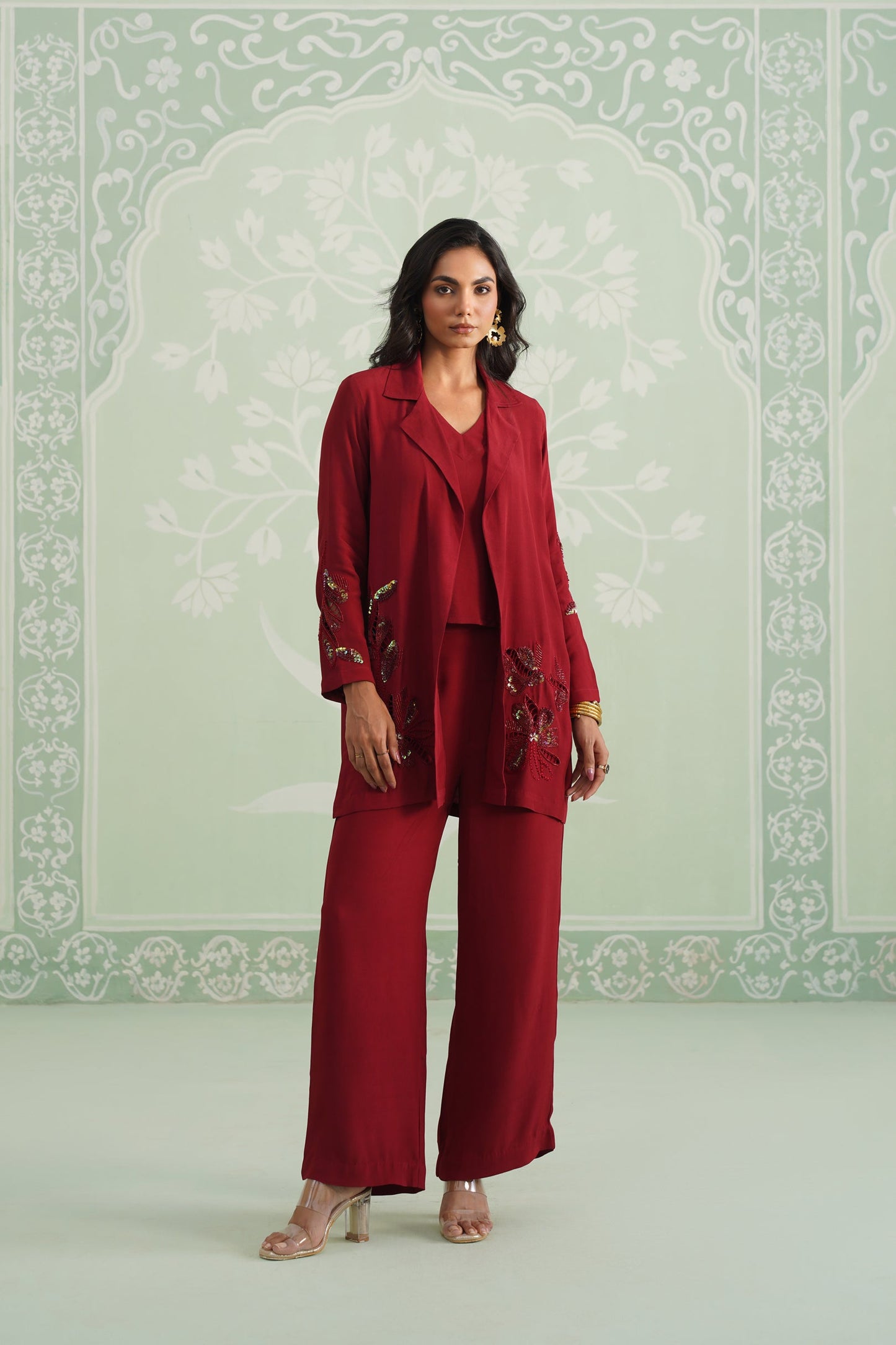 Sangria Satin Crepe Embroidered Matching Set - Neetika Chopra