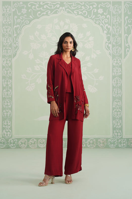 Sangria Satin Crepe Embroidered Matching Set - Neetika Chopra