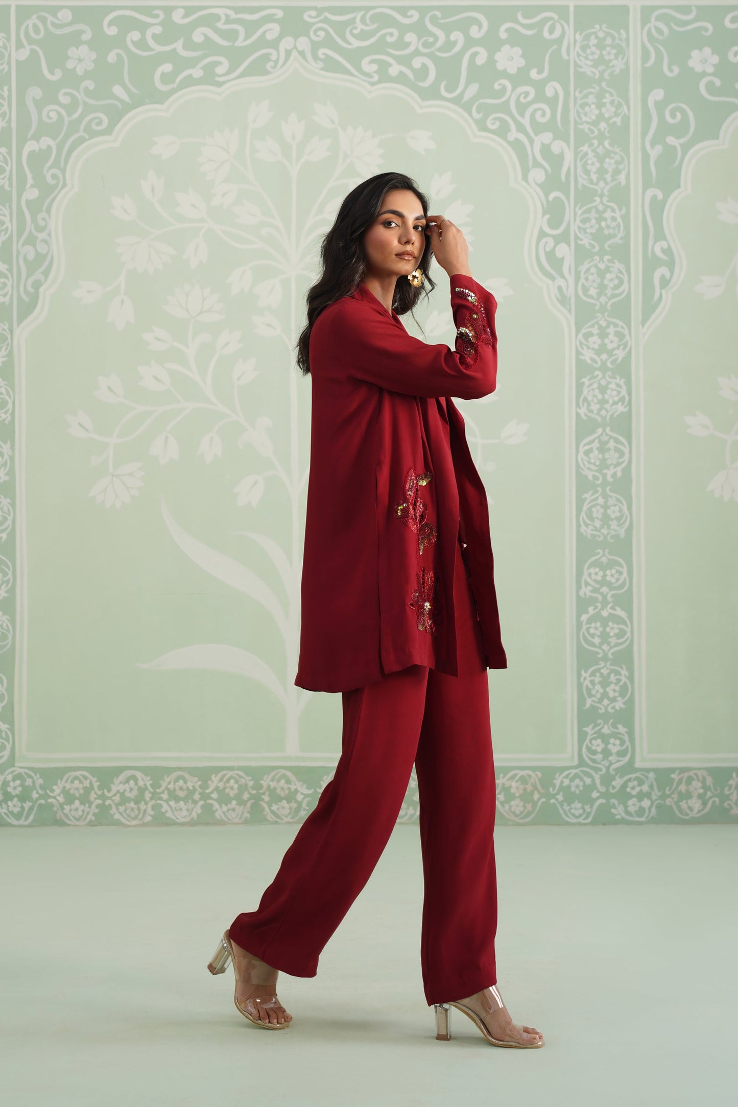 Sangria Satin Crepe Embroidered Matching Set - Neetika Chopra