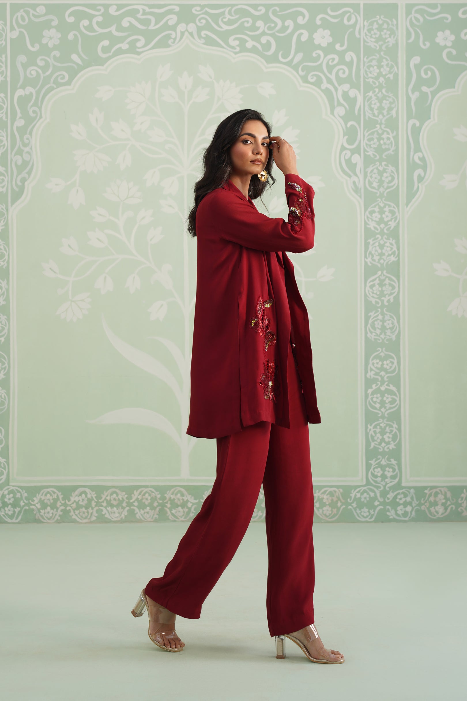 Sangria Satin Crepe Embroidered Matching Set - Neetika Chopra