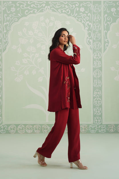 Sangria Satin Crepe Embroidered Matching Set - Neetika Chopra