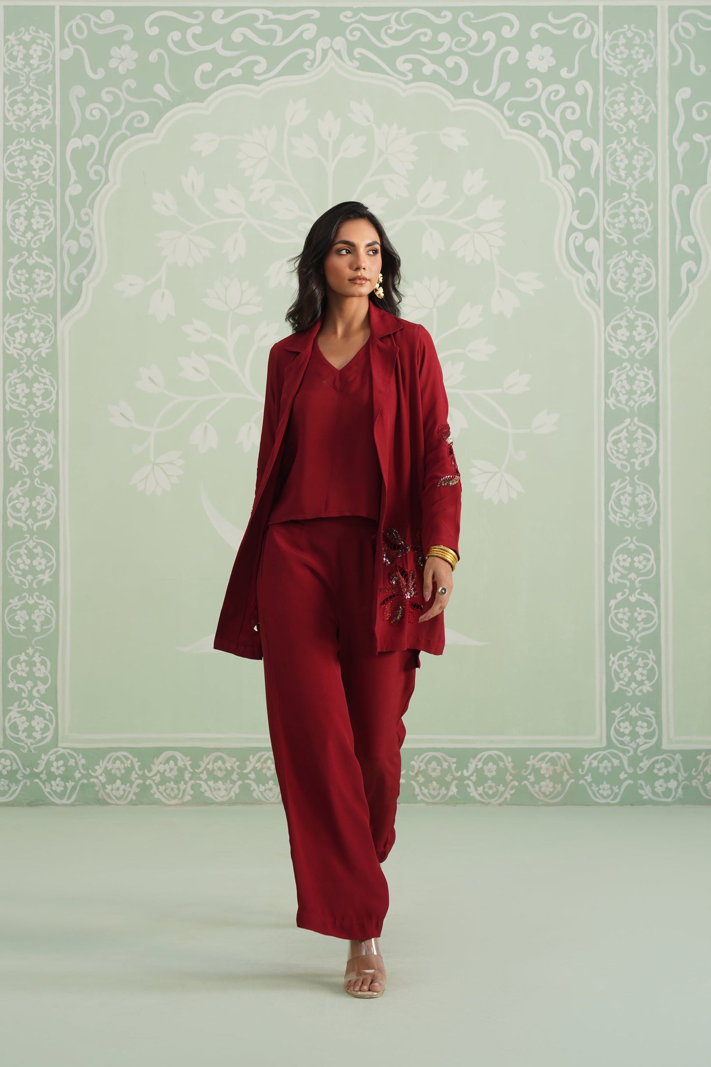Sangria Satin Crepe Embroidered Matching Set - Neetika Chopra