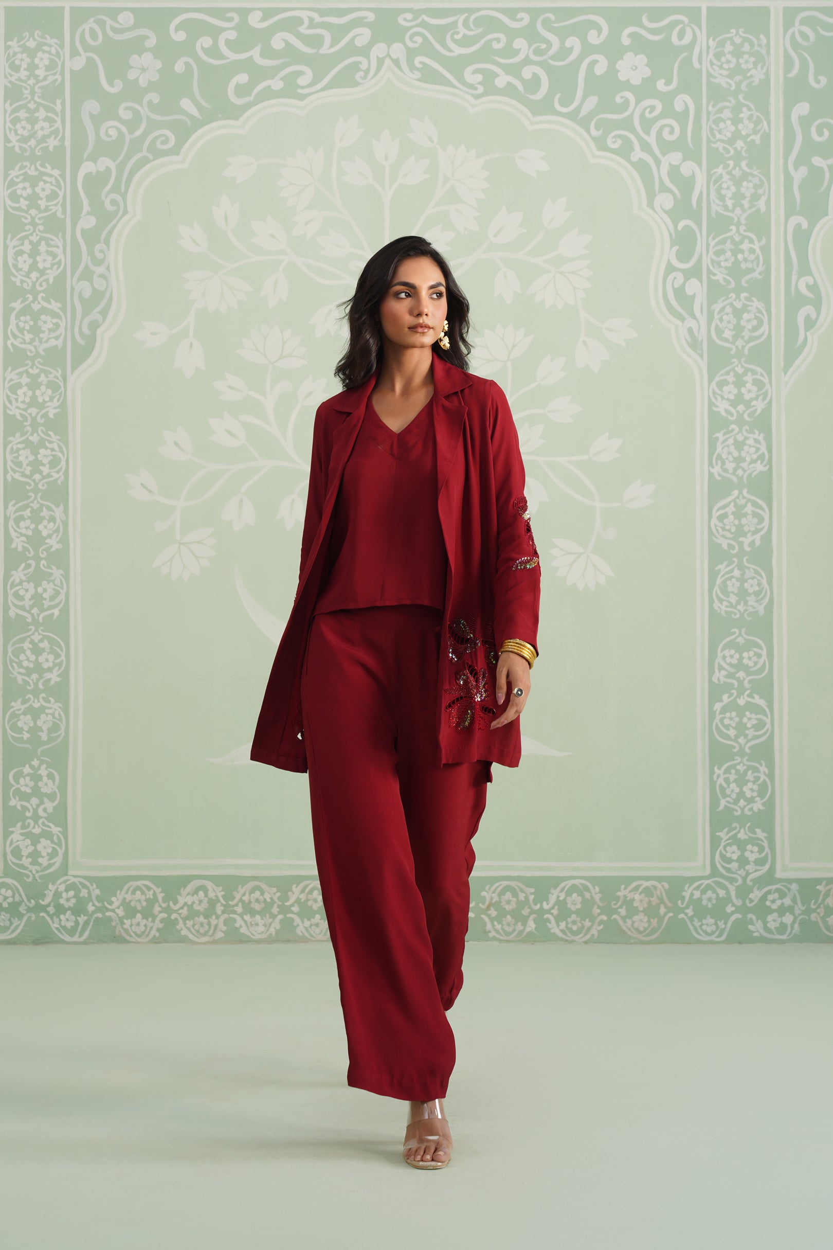 Sangria Satin Crepe Embroidered Matching Set - Neetika Chopra