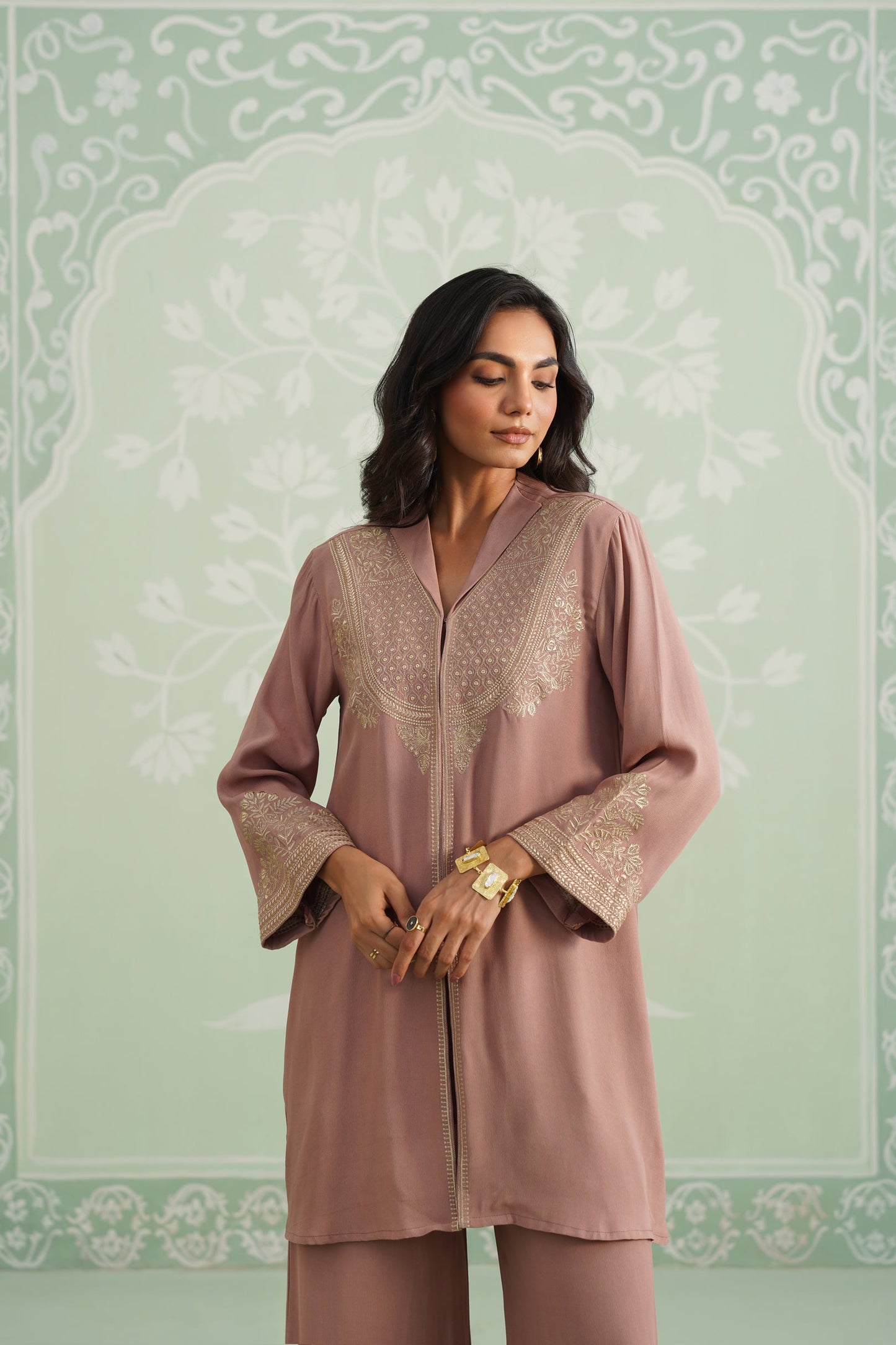 Blush Satin Crepe Embroidered Matching Set - Neetika Chopra