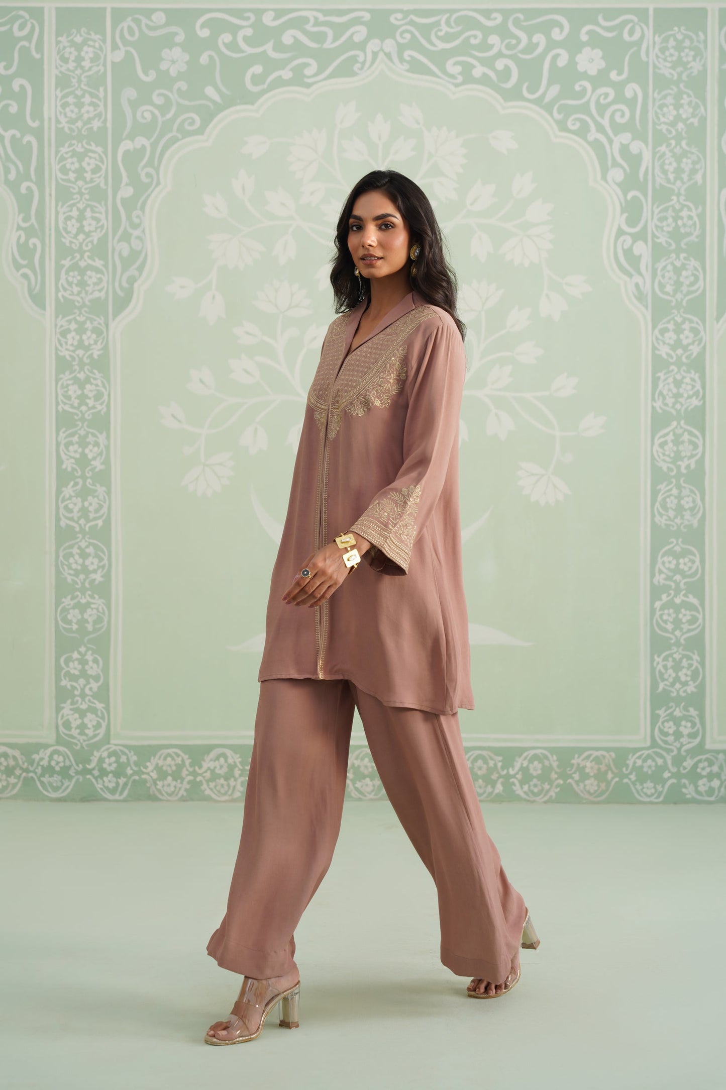 Blush Satin Crepe Embroidered Matching Set - Neetika Chopra