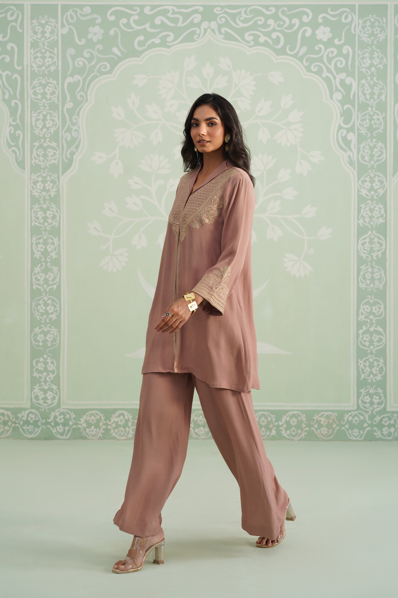 Blush Satin Crepe Embroidered Matching Set - Neetika Chopra