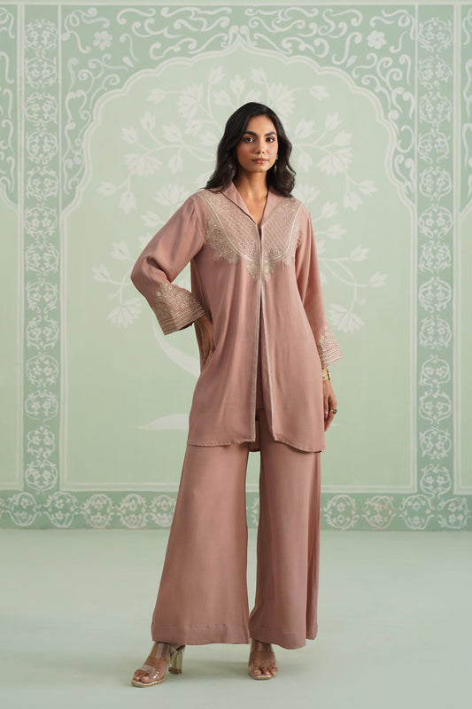 Blush Satin Crepe Embroidered Matching Set - Neetika Chopra
