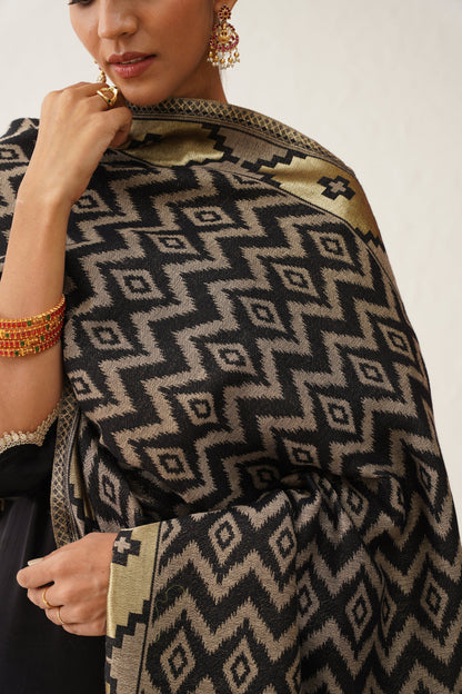 Black Ikat Woollen Shawl - Neetika Chopra