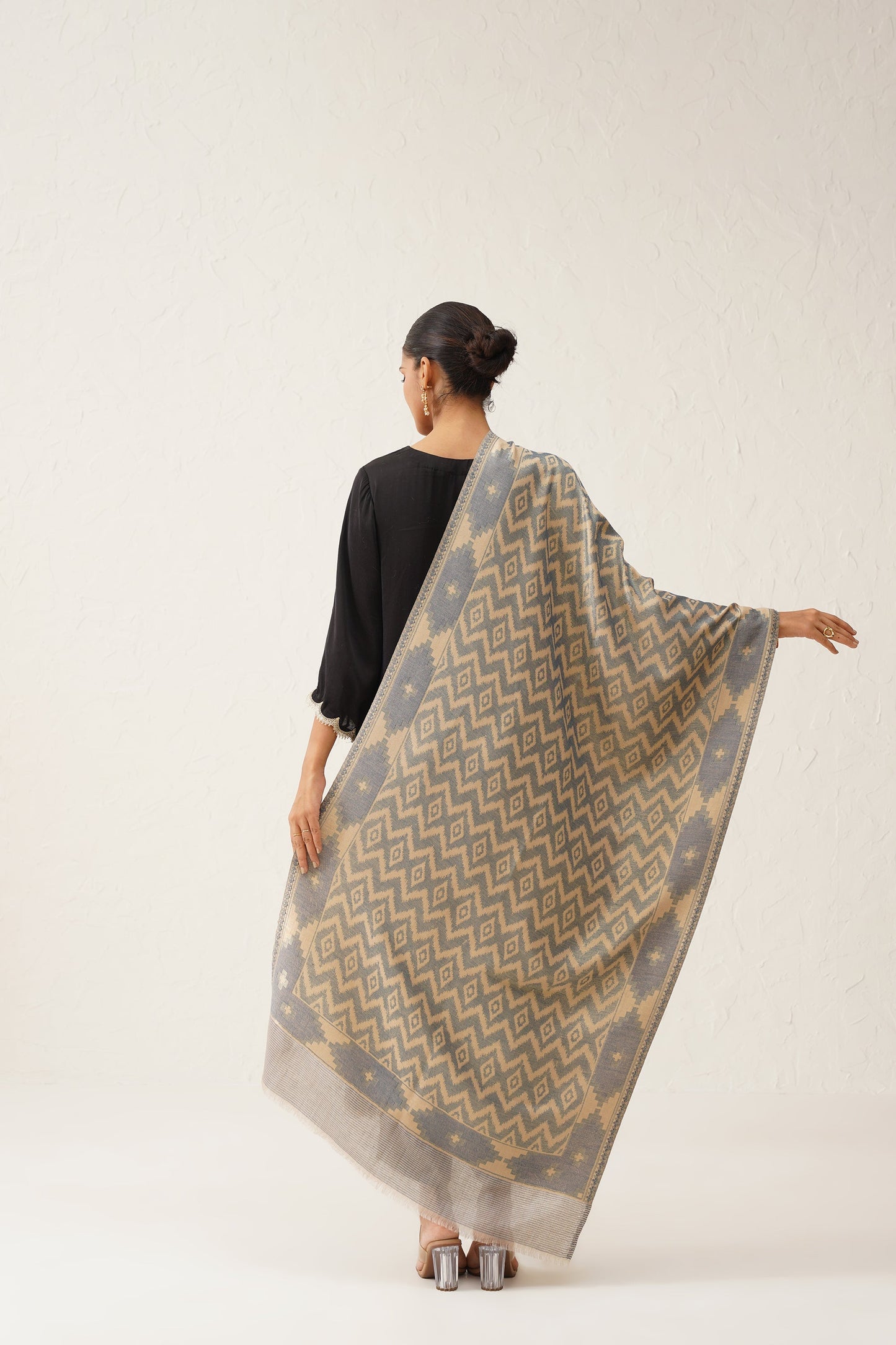 Ikat Grey Lurex Woollen Shawl - Neetika Chopra