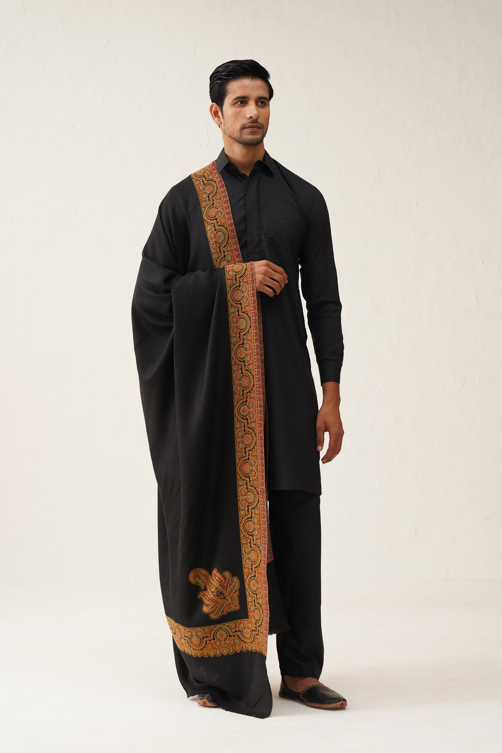 Men's Black Motif Wool Dusala - Neetika Chopra