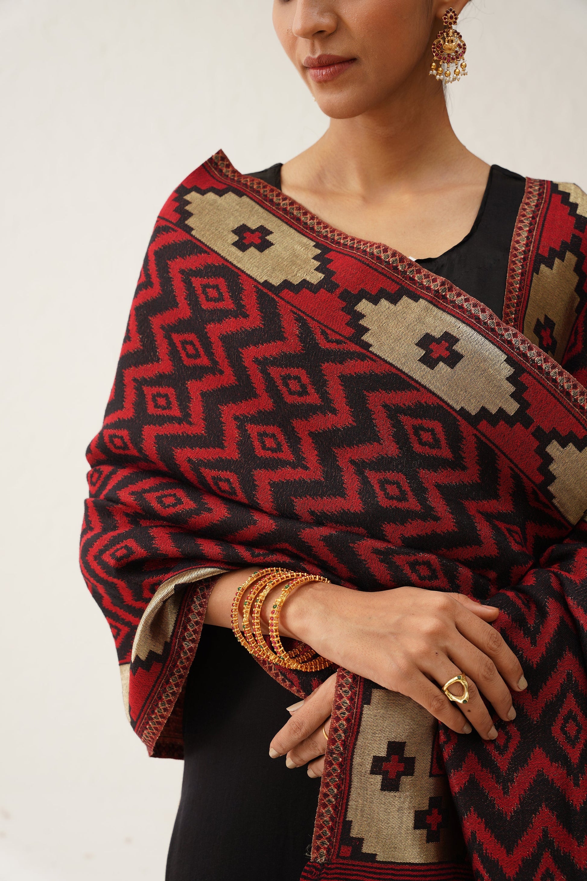 Red Ikat Woollen Shawl With Lurex - Neetika Chopra