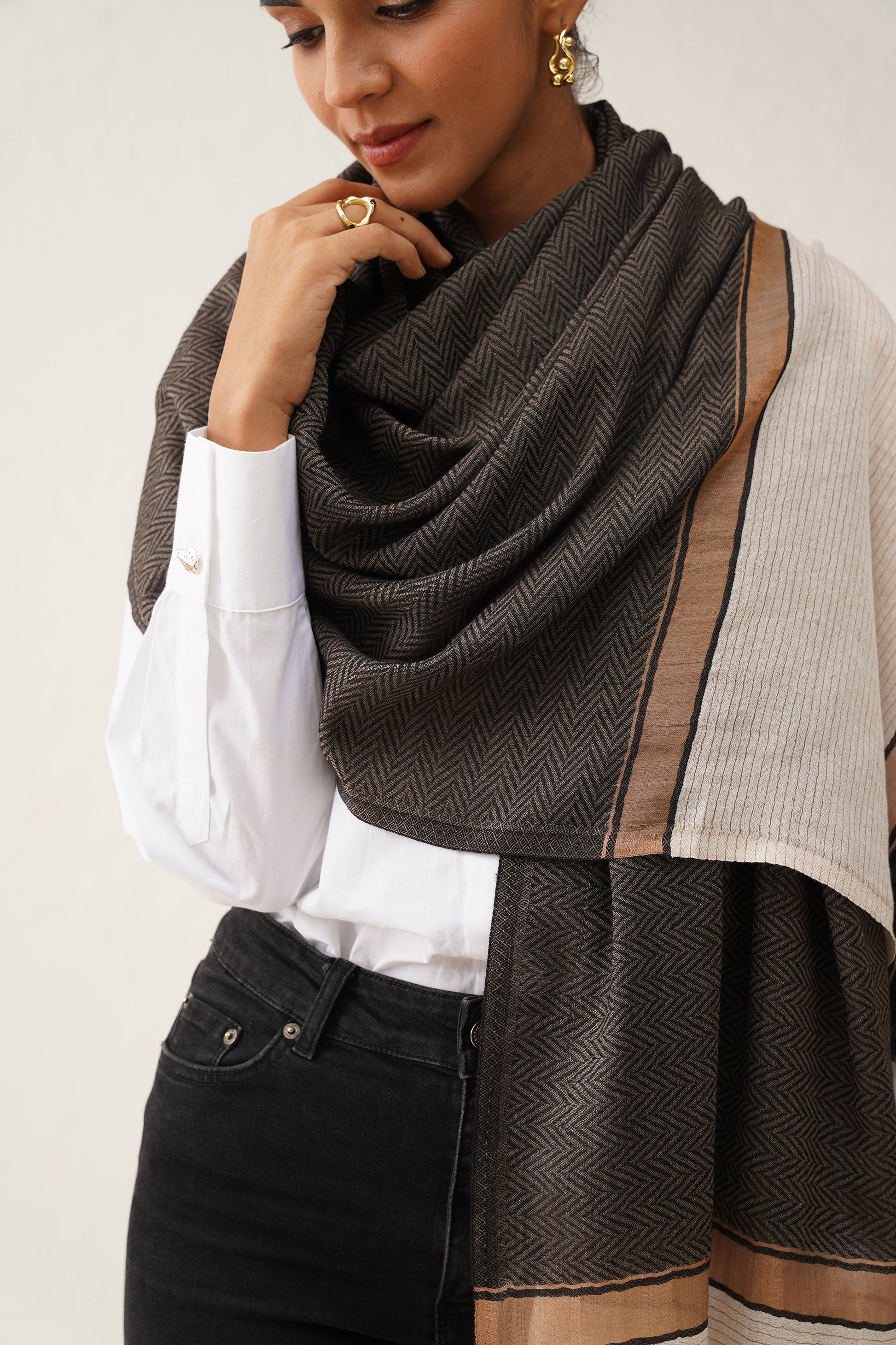 Grey Herringbone Lurex Stole - Neetika Chopra