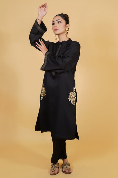 Black Cotton Kurta Set With Golden Embroidery - Neetika Chopra