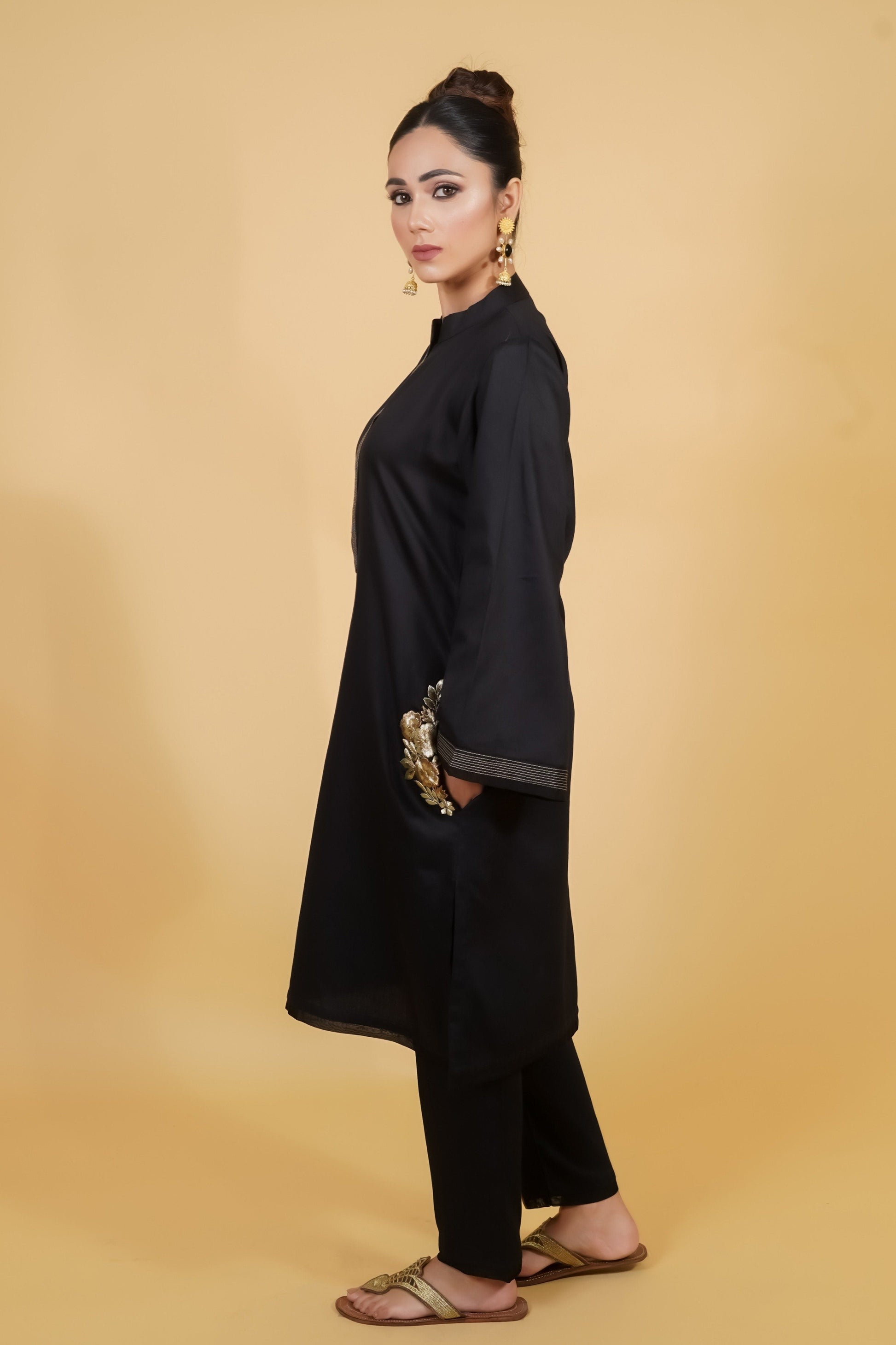 Black Cotton Kurta Set With Golden Embroidery - Neetika Chopra