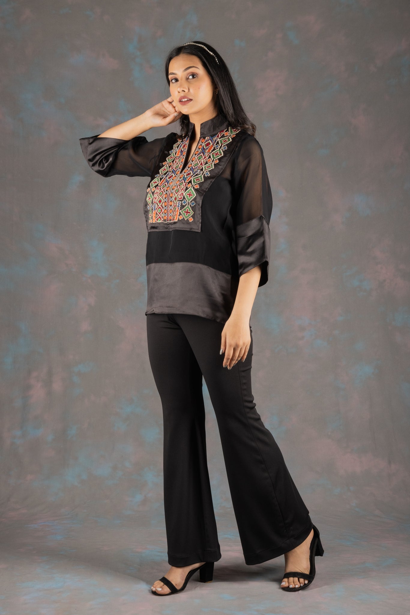 Black Aztec Embroidered Co-ord Set - Neetika Chopra