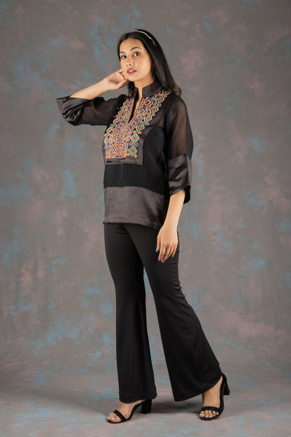 Black Aztec Embroidered Co-ord Set - Neetika Chopra