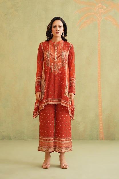 Terracotta Hand Embroidered Crepe Matching Set - Neetika Chopra