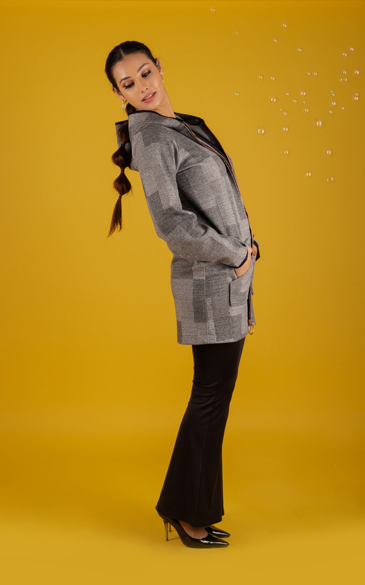 Vintage Check Grey Hoodie Jacket - Neetika Chopra