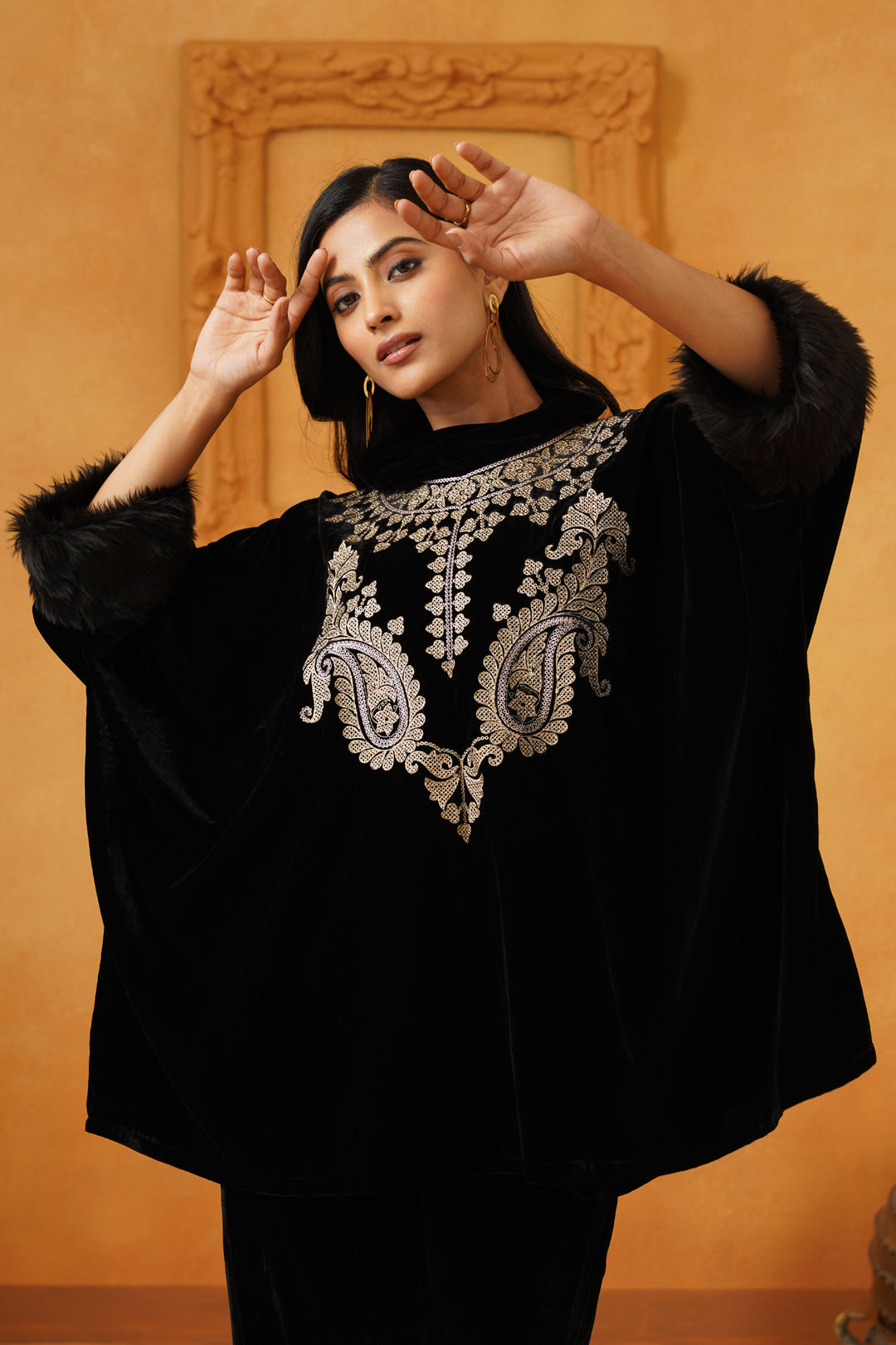 Gulrez Velvet Embroidered Poncho - Neetika Chopra
