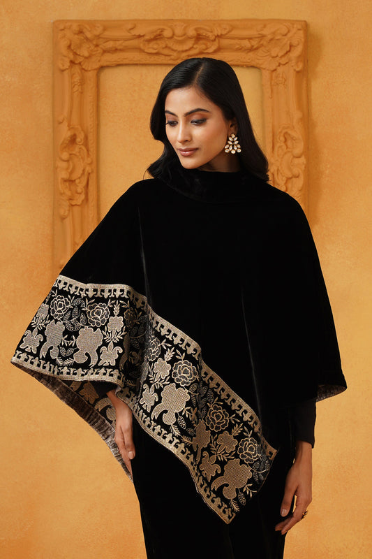 Nayab Velvet Embroidered Poncho - Neetika Chopra