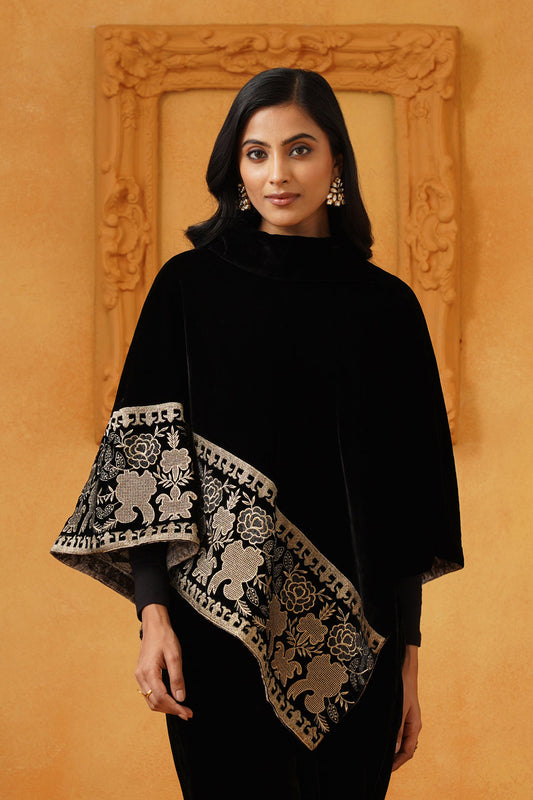 Nayab Velvet Embroidered Poncho - Neetika Chopra