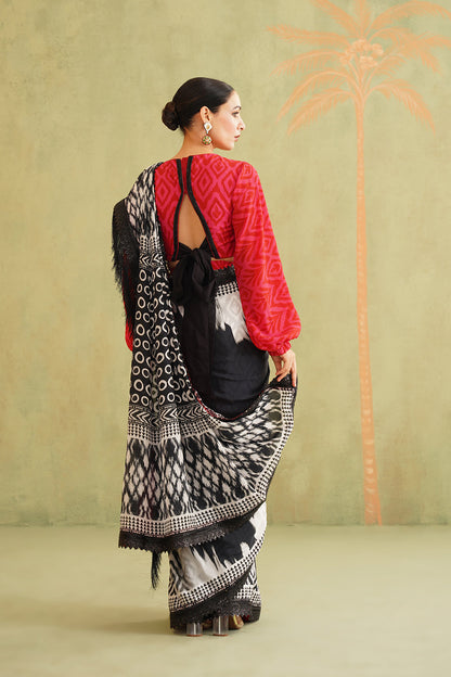 Black and White Pre-Draped Tassel Stitched Saree - Neetika Chopra