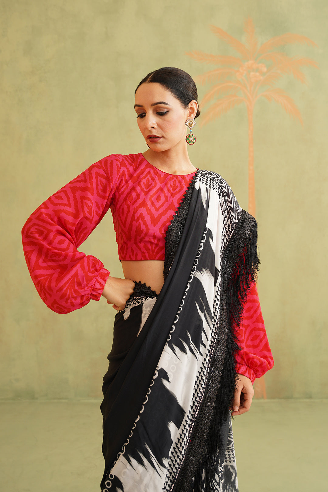 Black and White Pre-Draped Tassel Stitched Saree - Neetika Chopra