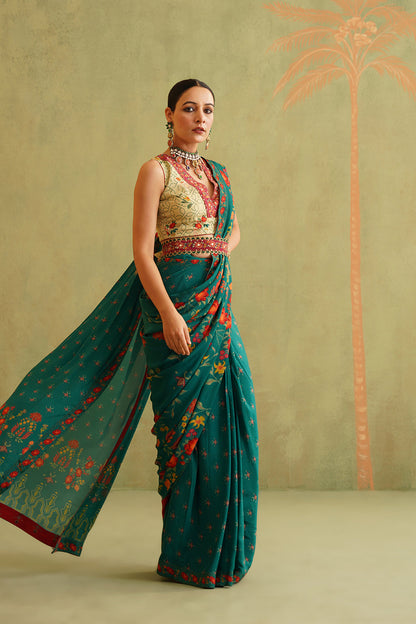 Sitara Pre-Draped Crepe Embroidered Saree With Belt - Neetika Chopra