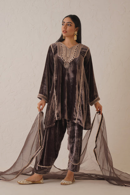 Brownish Mauve Pure Velvet Hand Embroidered Suit Set - Neetika Chopra
