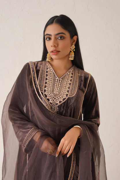 Brownish Mauve Pure Velvet Hand Embroidered Suit Set - Neetika Chopra