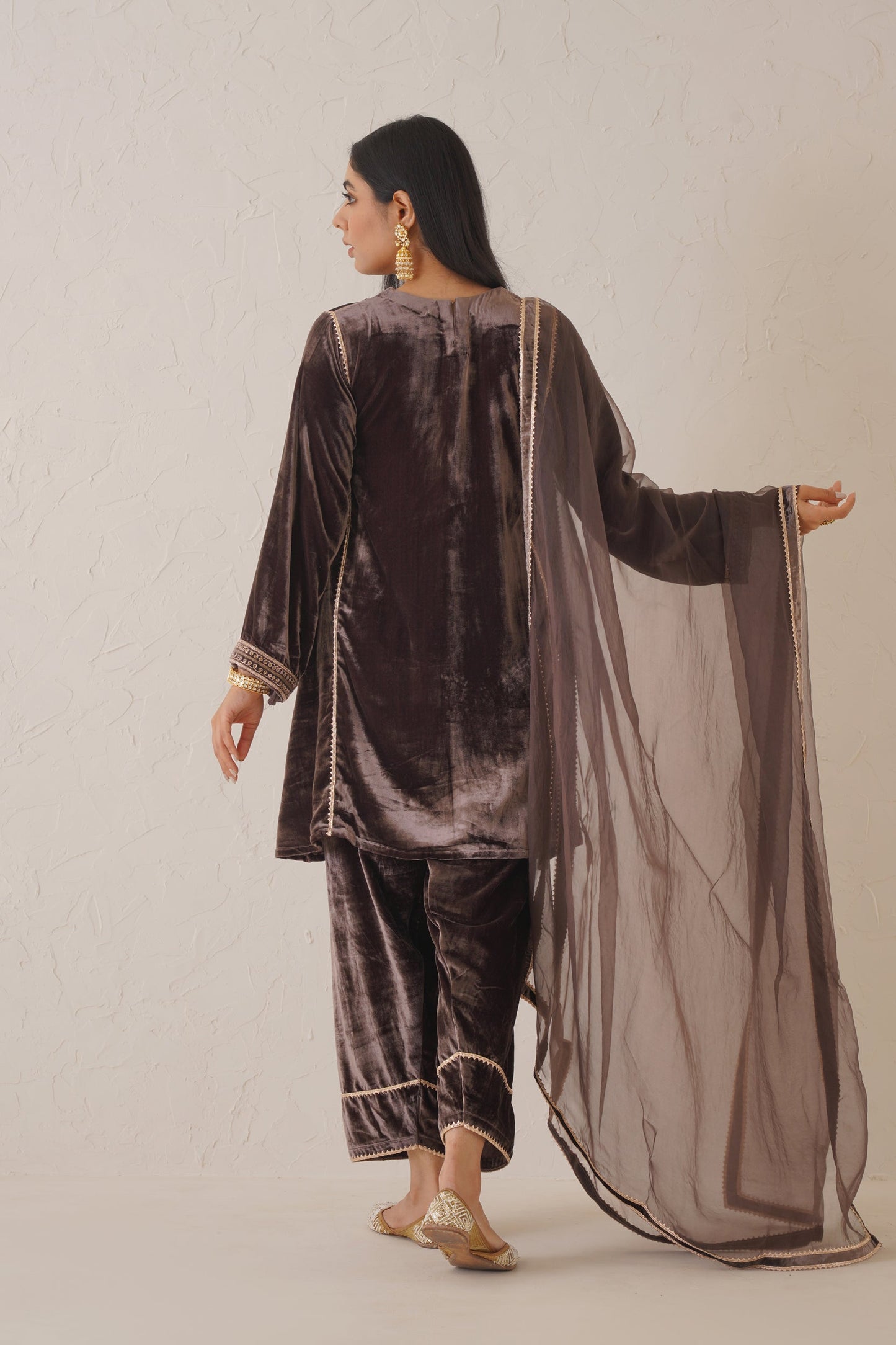 Brownish Mauve Pure Velvet Hand Embroidered Suit Set - Neetika Chopra