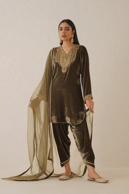 Olive Green Pure Velvet Hand Embroidered Suit Set - Neetika Chopra