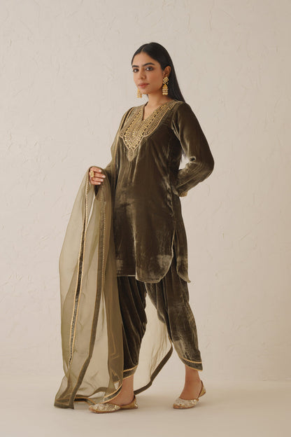 Olive Green Pure Velvet Hand Embroidered Suit Set - Neetika Chopra