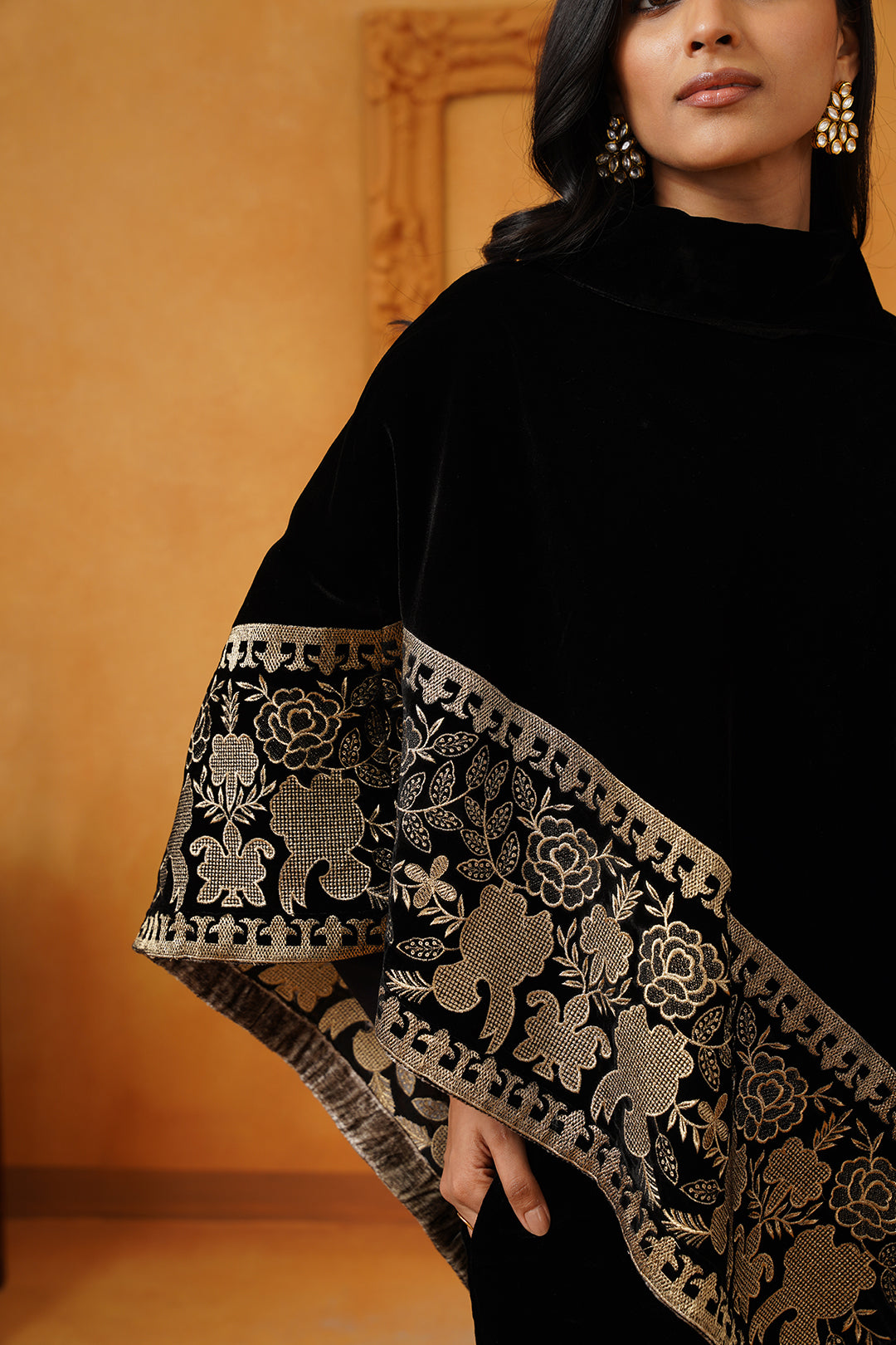 Nayab Velvet Embroidered Poncho Set - Neetika Chopra