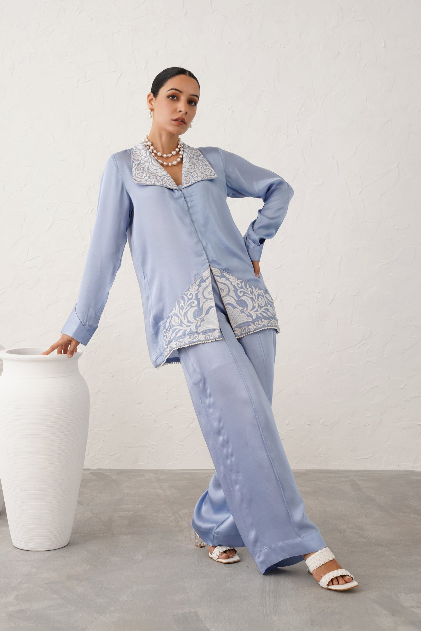 Ice Blue Satin Embroidered Matching Set - Neetika Chopra