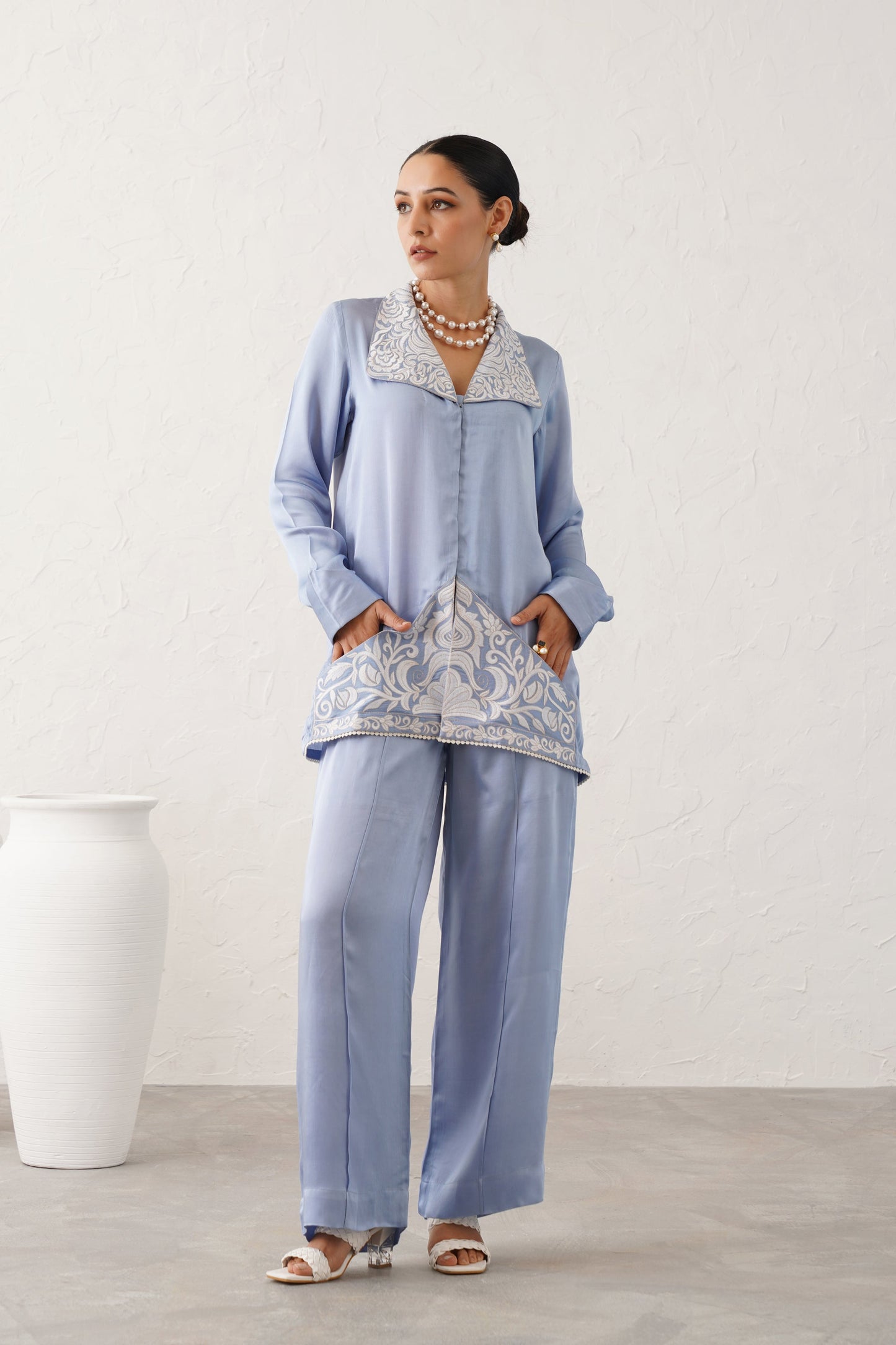 Ice Blue Satin Embroidered Matching Set - Neetika Chopra