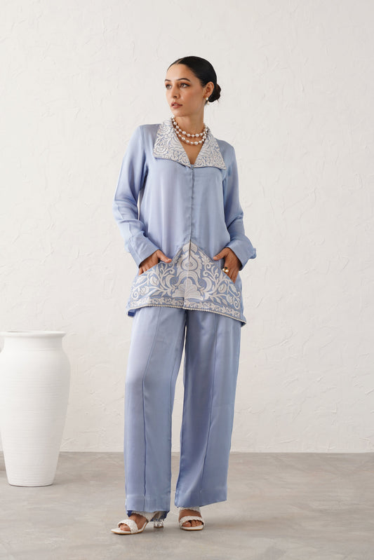 Ice Blue Satin Embroidered Matching Set - Neetika Chopra
