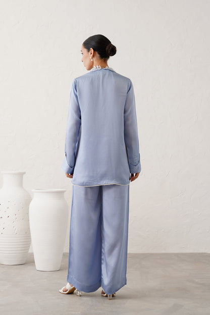 Ice Blue Satin Embroidered Matching Set - Neetika Chopra