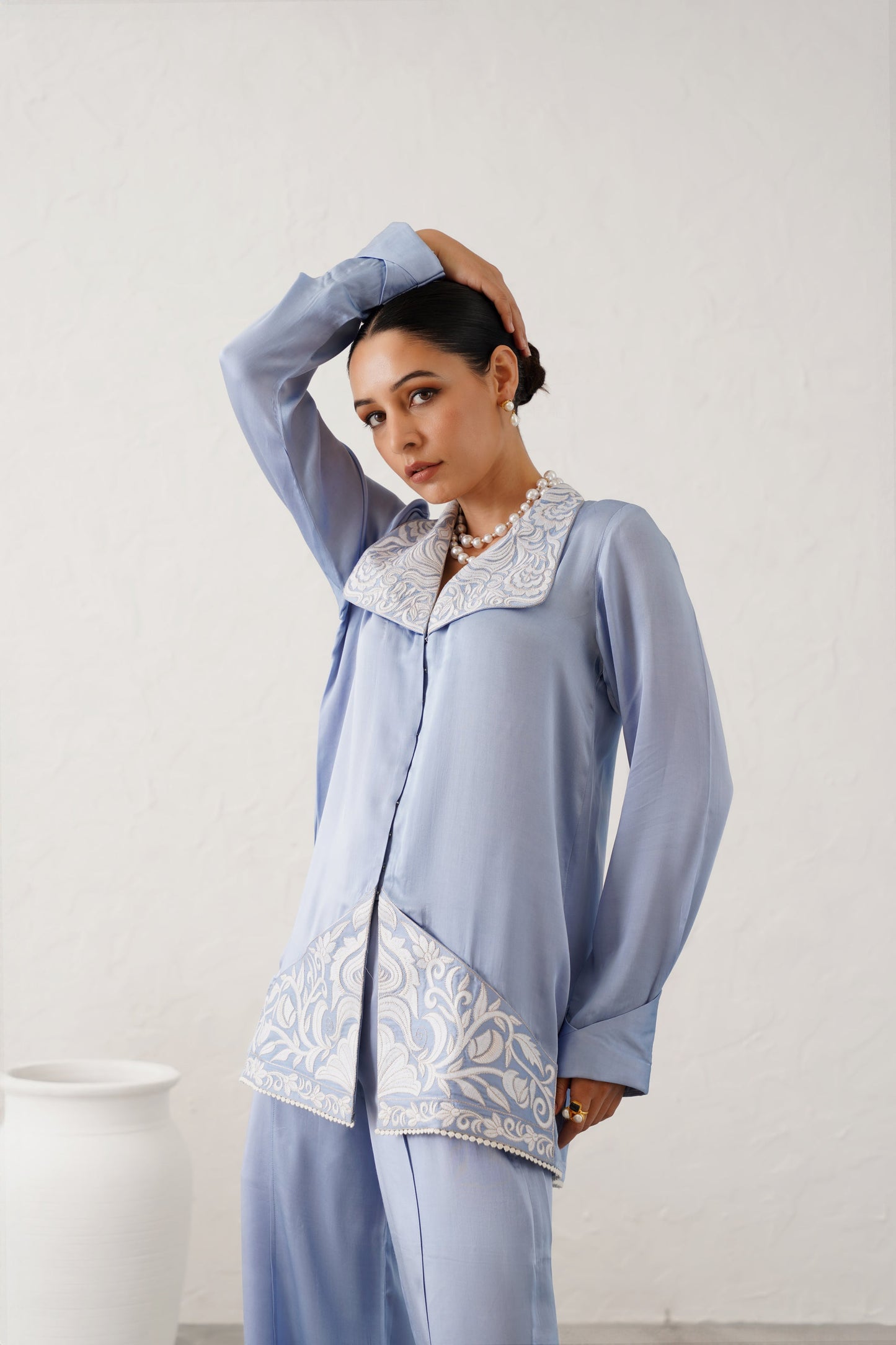 Ice Blue Satin Embroidered Matching Set - Neetika Chopra