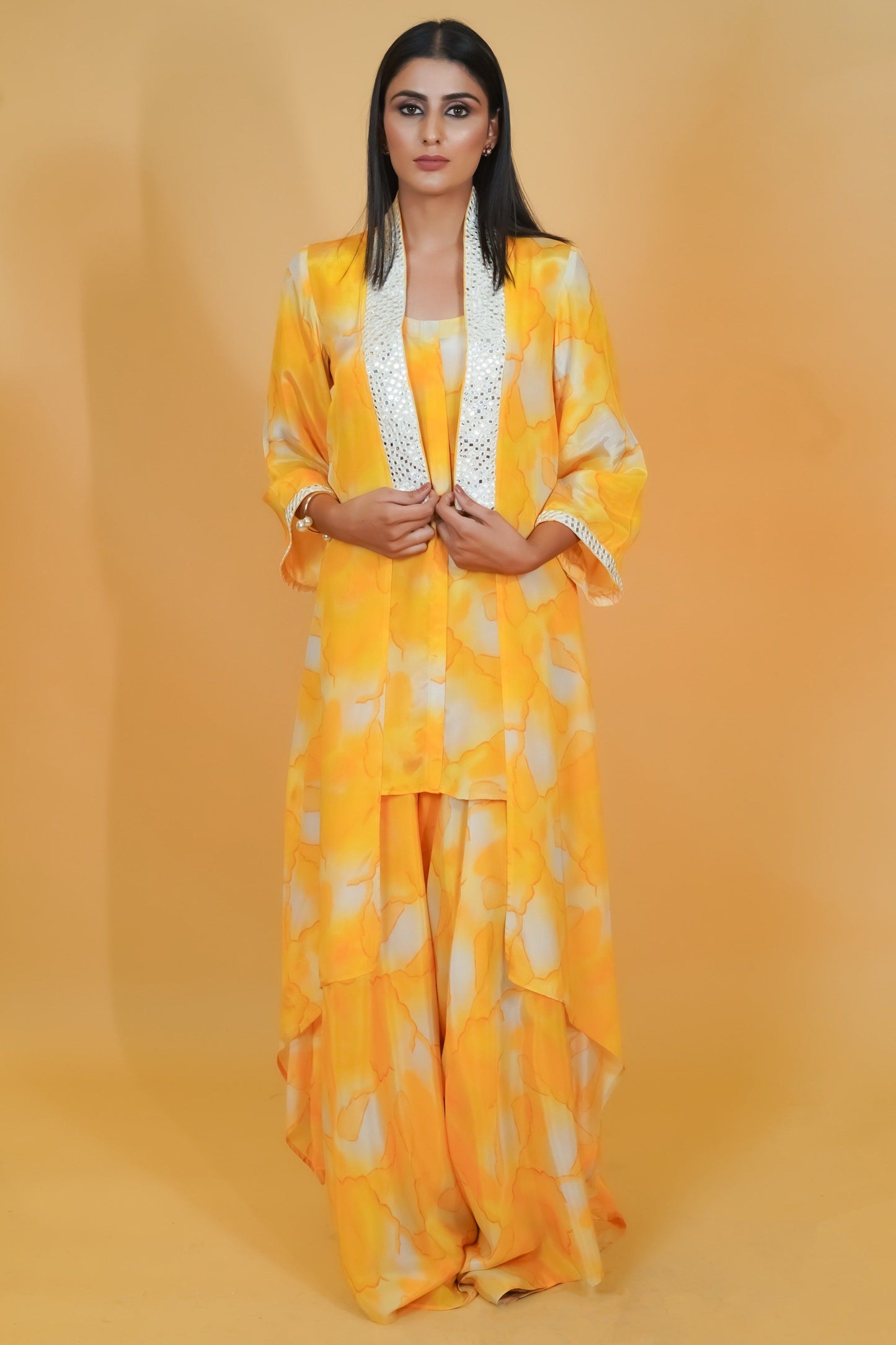 Yellow Shaded Crepe 3pc Co-ord Set - Neetika Chopra